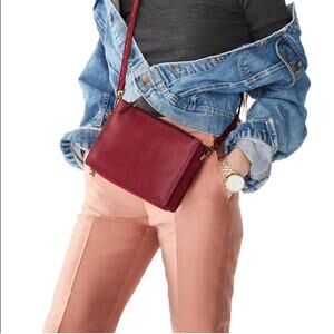 Fossil Campbell Leather Suede Crossbody Bag Red Cranberry